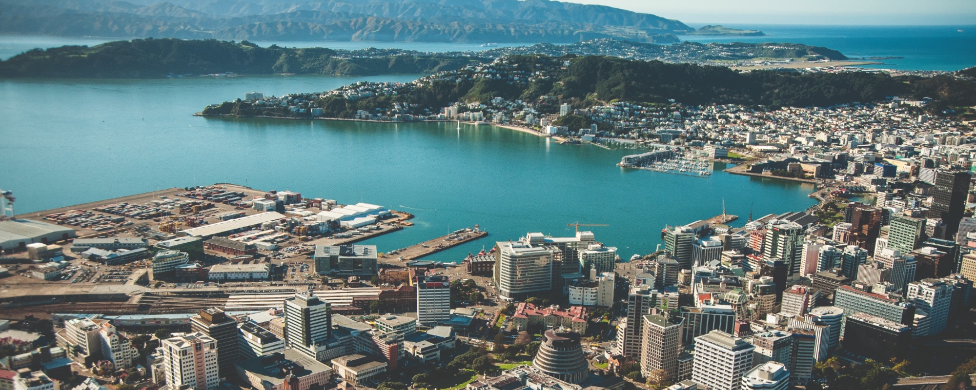 Aerial photo of Wellington showing central city and harbour on sunny day